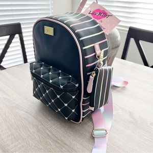 Betsey Johnson Essie Small Backpack Bag Purse - Black Rainbow Stripe